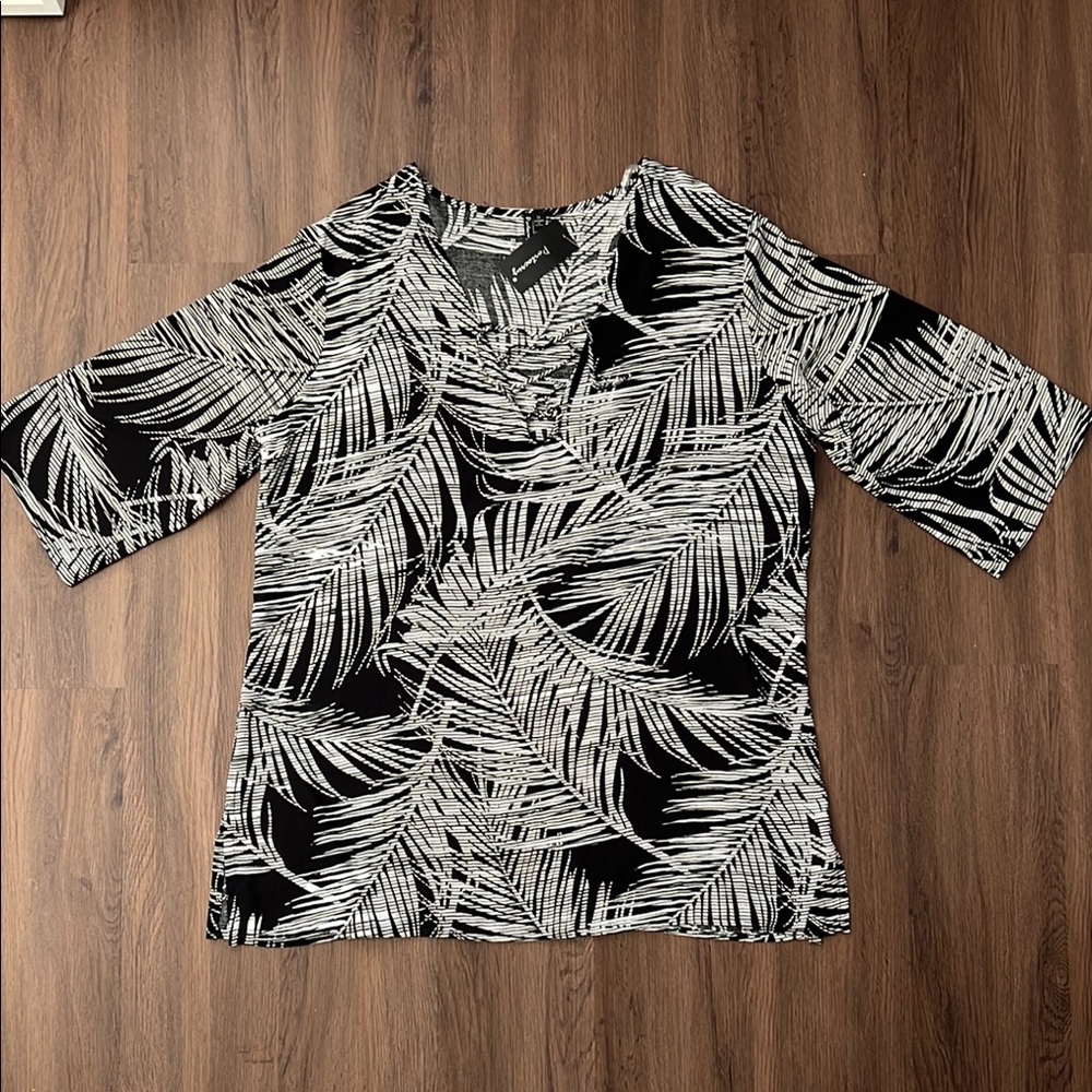 PORTOCRUZ  Black and White Palm Print Lace Up Top Tunic Beach Cover Up 1X 2X New